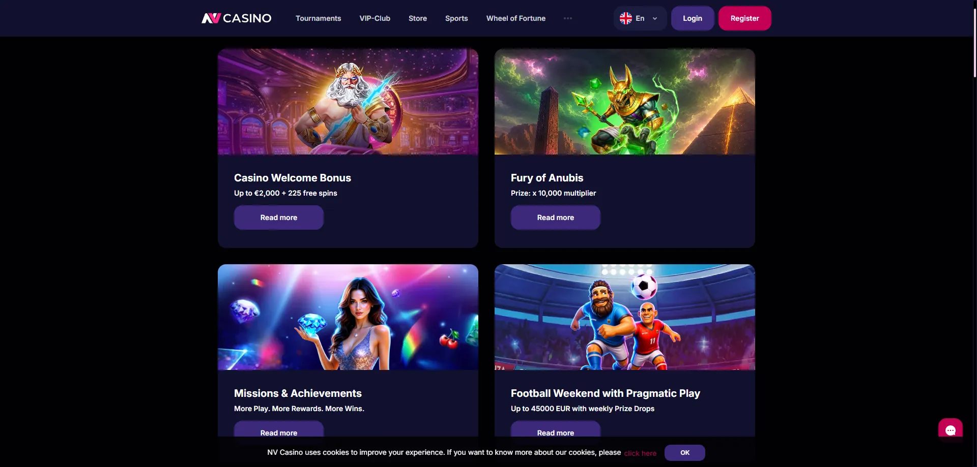 NV Casino velkomstbonus op til &euro;2.000 + 225 gratis spins tilbud
